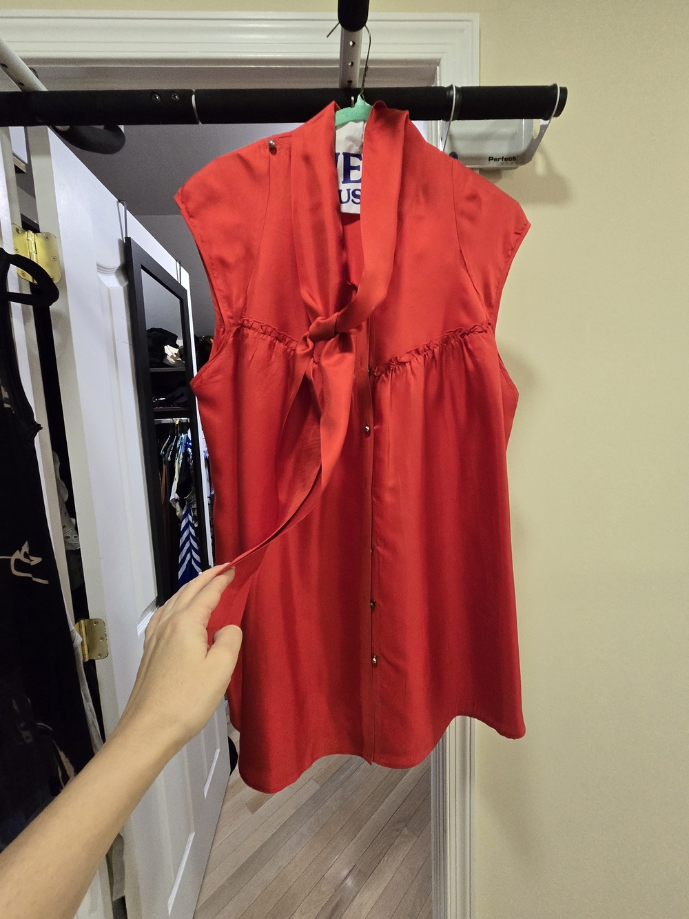 Sleeveless Red Tie-Neck Blouse - Women's Elegant Top